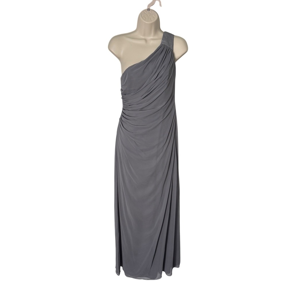 Dessy Collection Charcoal Gray One Shoulder Ruched Chiffon Maxi Gown Size 2